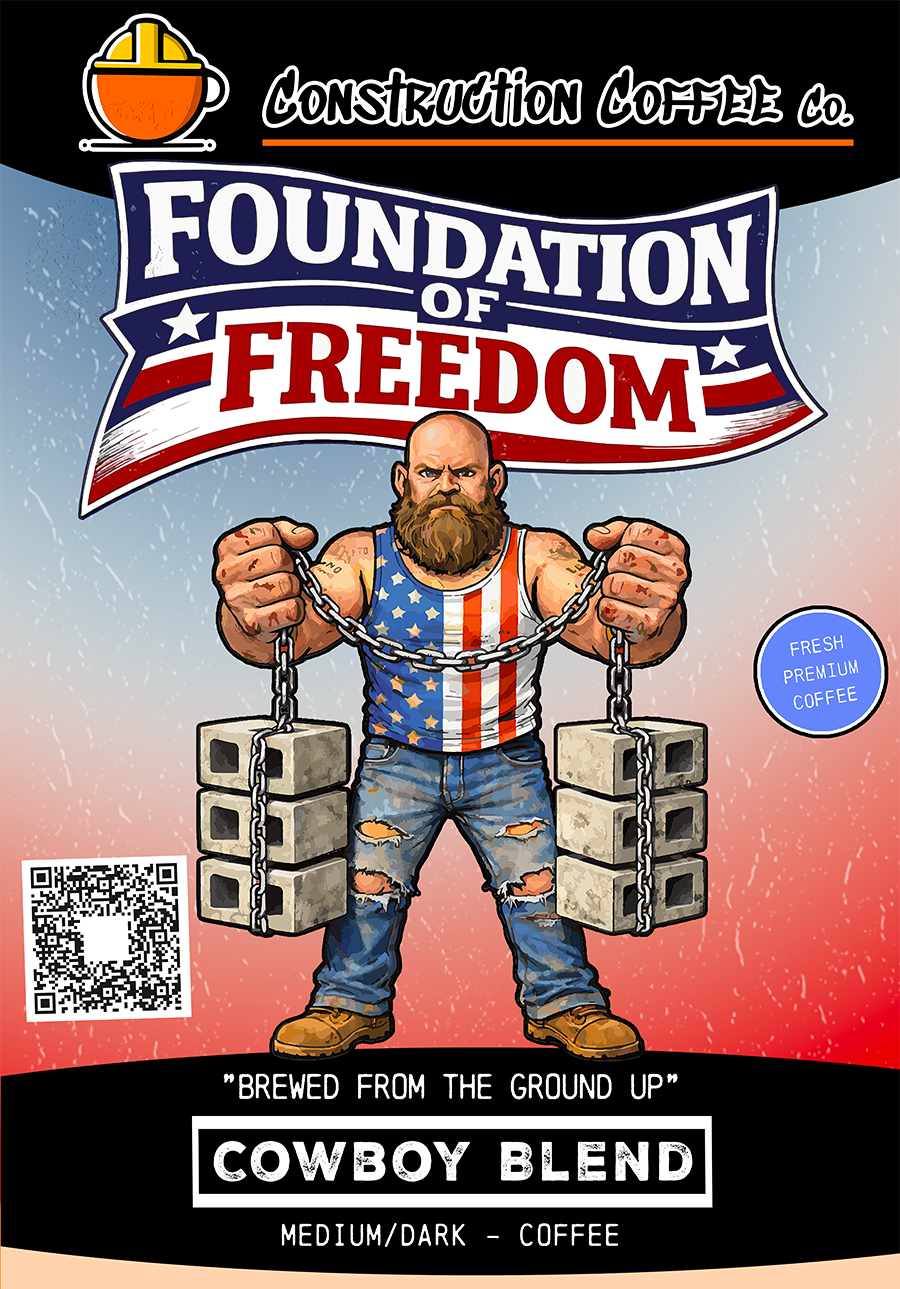 Coffee package labeled 'Foundation of Freedom Cowboy Blend' with a cartoon character holding chains.