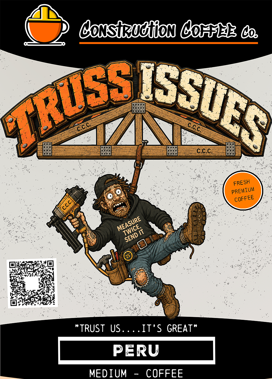 Coffee packaging with a cartoon character holding a nail, labeled 'Truss Issues' from Construction Coffee Co.
