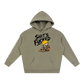 Khaki hoodie with graphic design and text on a white background
