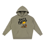 Khaki hoodie with graphic design and text on a white background