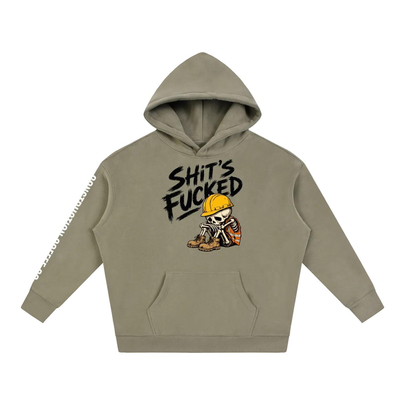 Khaki hoodie with graphic design and text on a white background