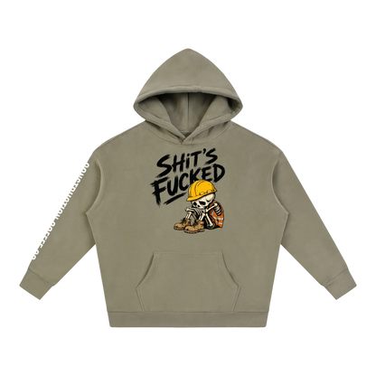 Khaki hoodie with graphic design and text on a white background
