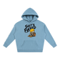 Light blue hoodie with graphic design and text on a white background