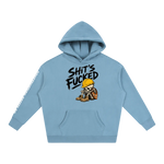Light blue hoodie with graphic design and text on a white background