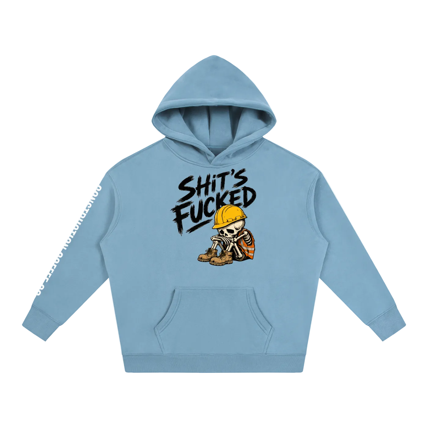 Light blue hoodie with graphic design and text on a white background