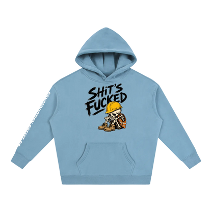 Light blue hoodie with graphic design and text on a white background