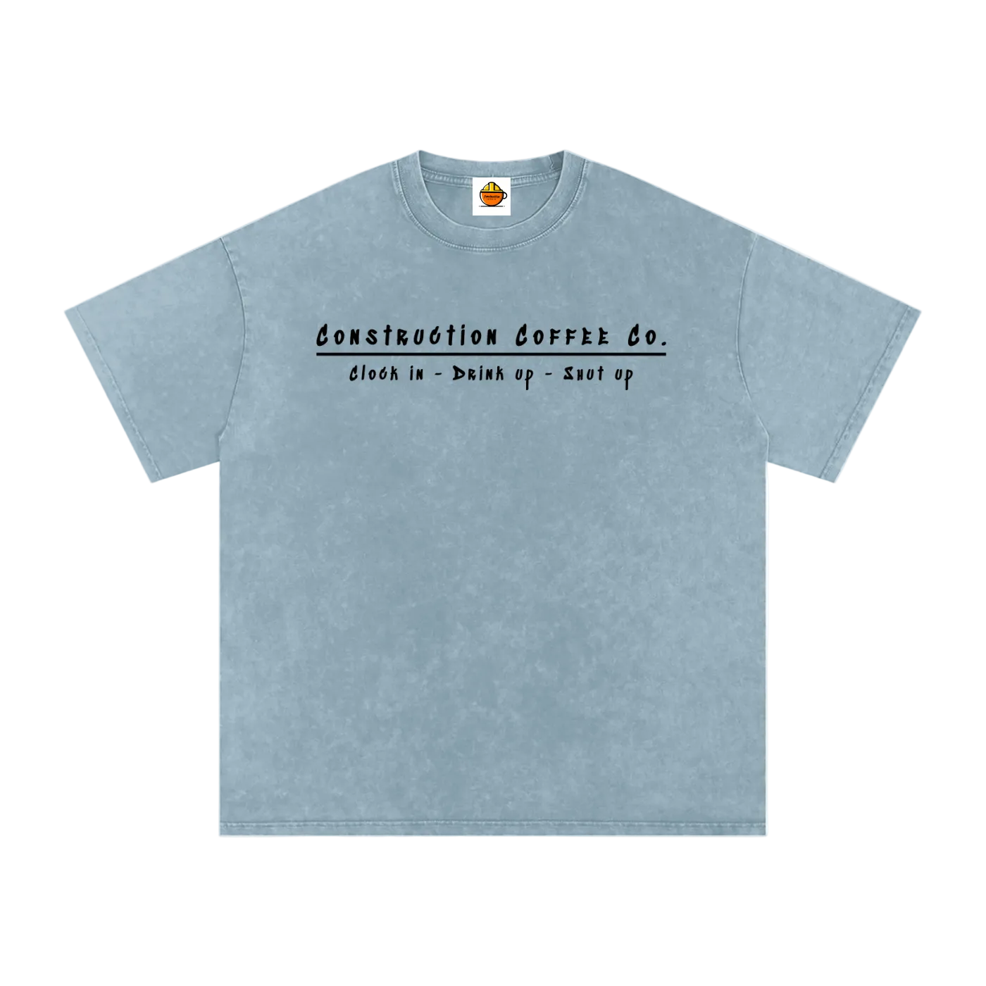 Light blue t-shirt with text on a white background