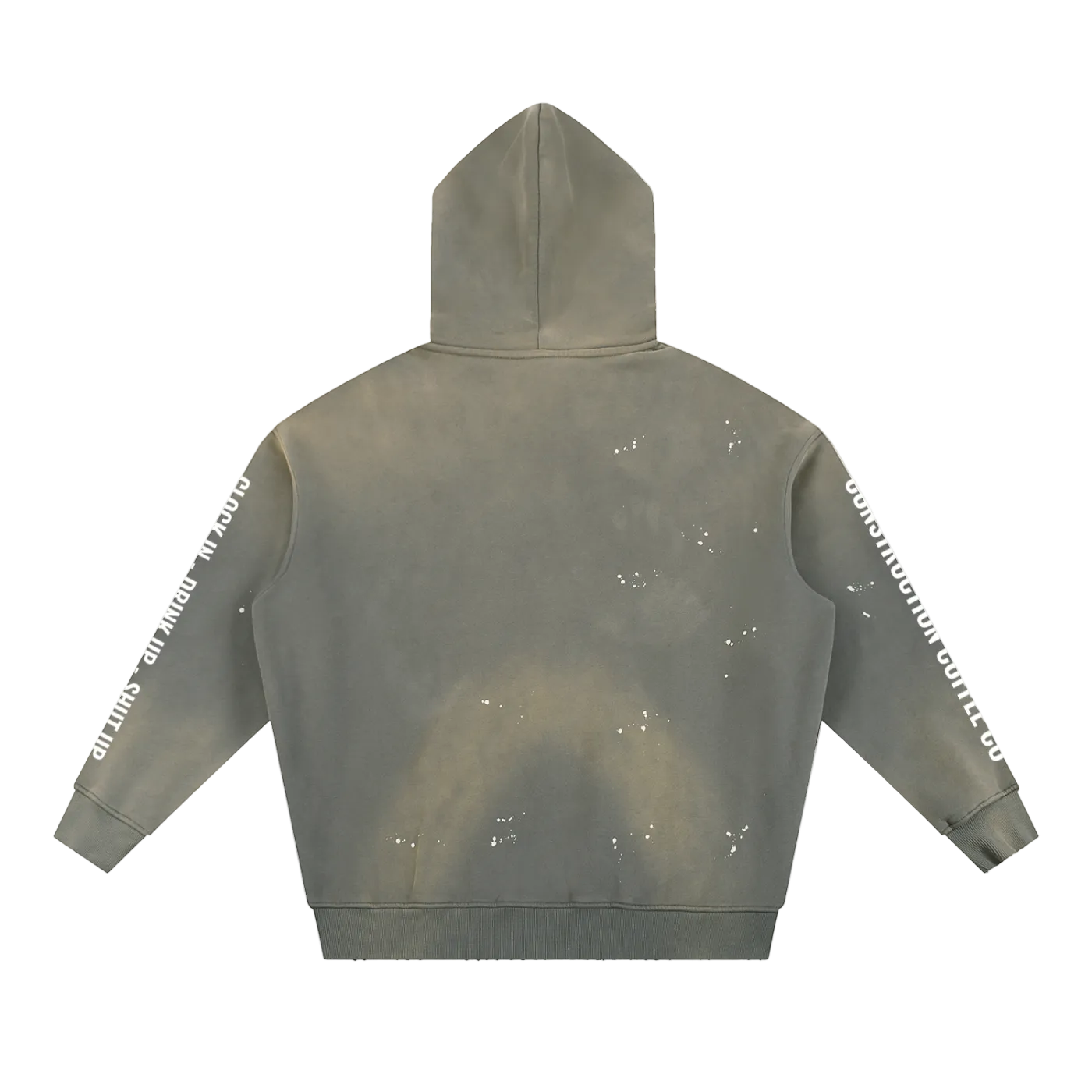 Gray hoodie with splatter design on a white background