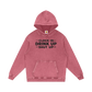 Pink hoodie with text 'Clock In Drink Up Shut Up' on a white background