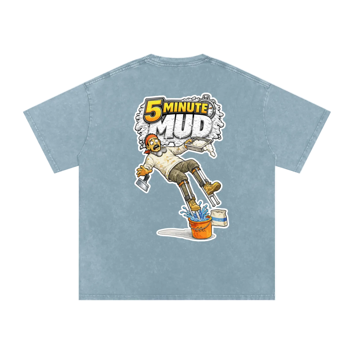 Light blue t-shirt with '5 Minute Mud' graphic on a white background