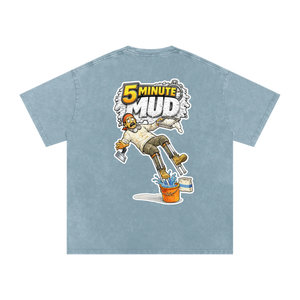 Light blue t-shirt with '5 Minute Mud' graphic on a white background