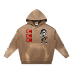 Brown hoodie with a cartoon character and red logo on a white background