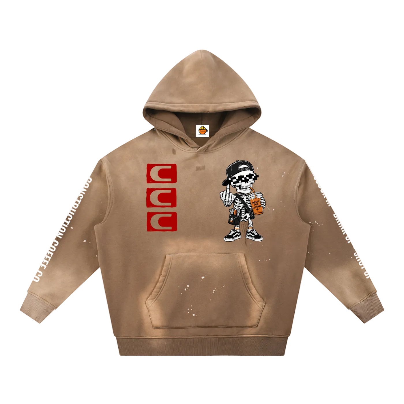 Brown hoodie with a cartoon character and red logo on a white background