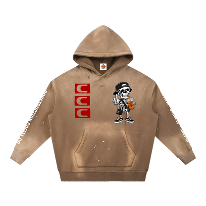 Brown hoodie with a cartoon character and red logo on a white background