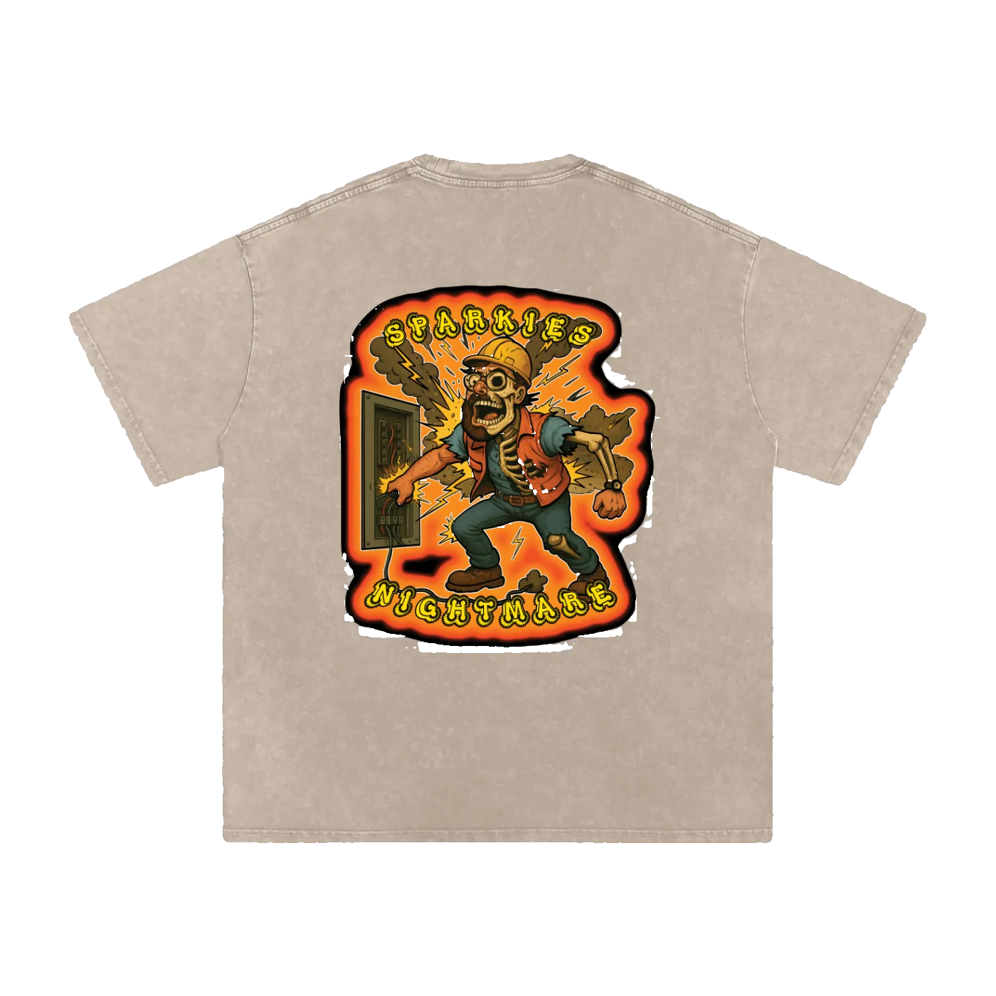 Beige t-shirt with a graphic design on the back featuring a skeleton holding a door and text.