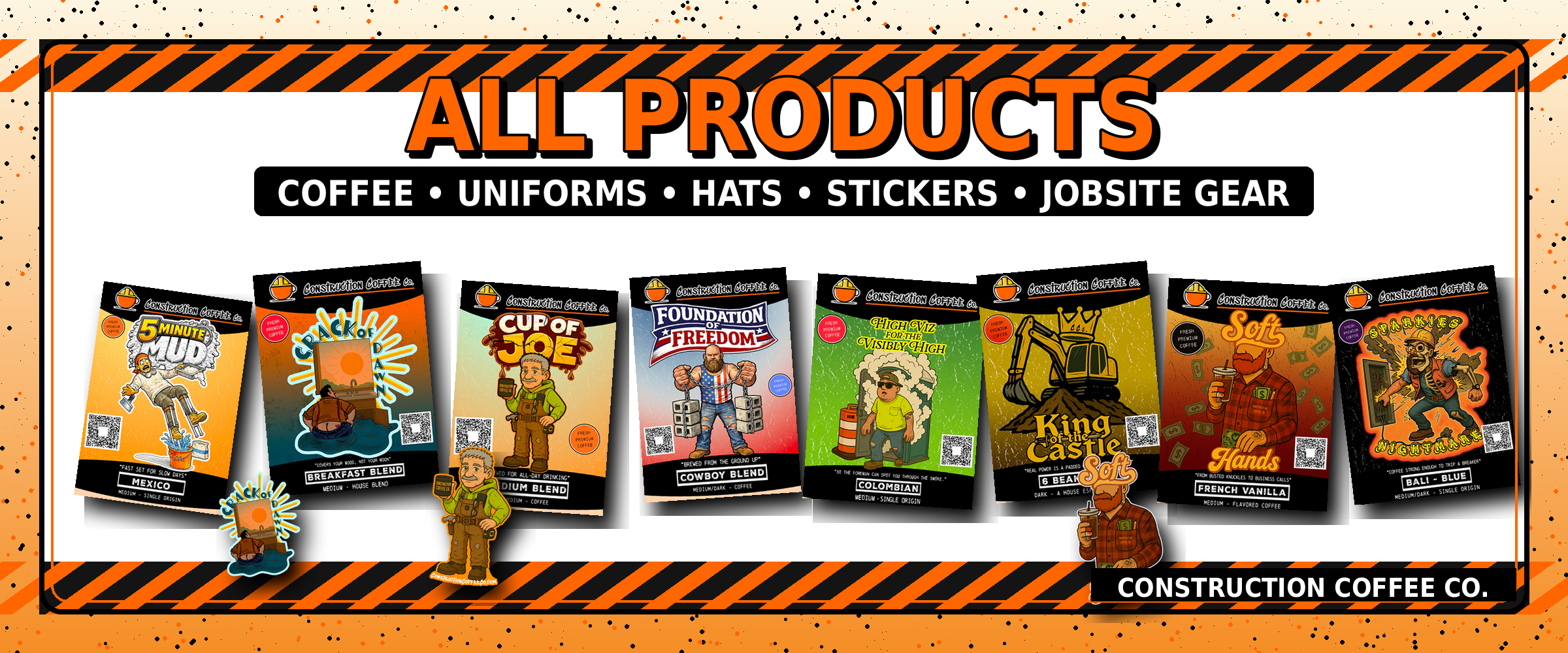 Promotional banner for Construction Coffee Co. featuring various product packages with a safety-themed border.