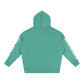 Teal hoodie with white text on sleeves against a white background