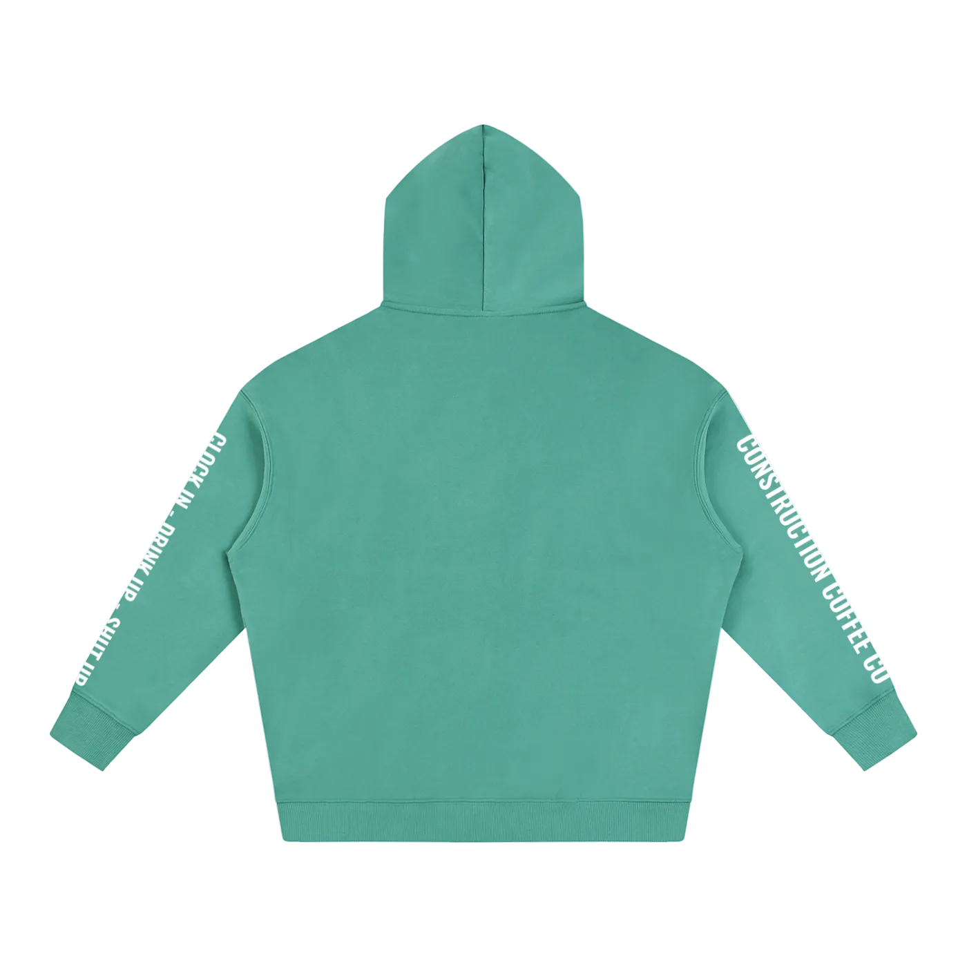 Teal hoodie with white text on sleeves against a white background