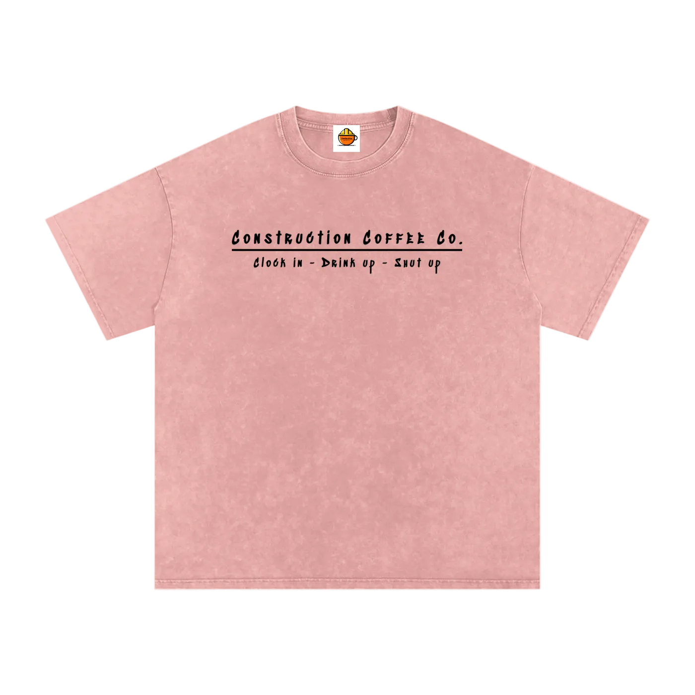 Pink t-shirt with black text on a white background