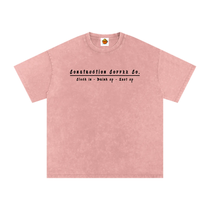 Pink t-shirt with black text on a white background