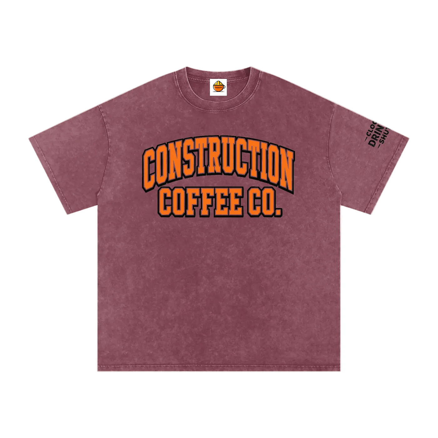 Maroon t-shirt with 'Construction Coffee Co.' text on a white background