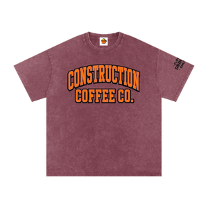 Maroon t-shirt with 'Construction Coffee Co.' text on a white background