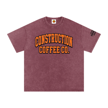 Maroon t-shirt with 'Construction Coffee Co.' text on a white background