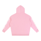 Pink hoodie with text on sleeves against a white background