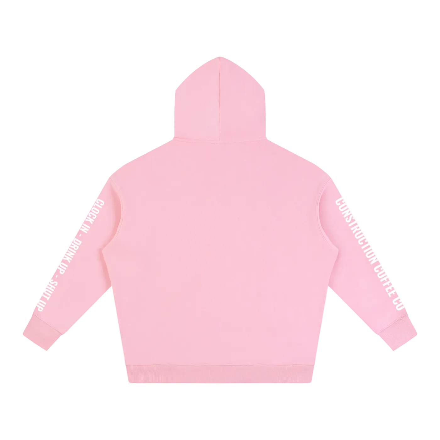 Pink hoodie with text on sleeves against a white background