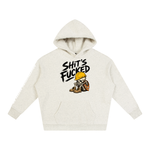 White hoodie with graphic design and text on a white background