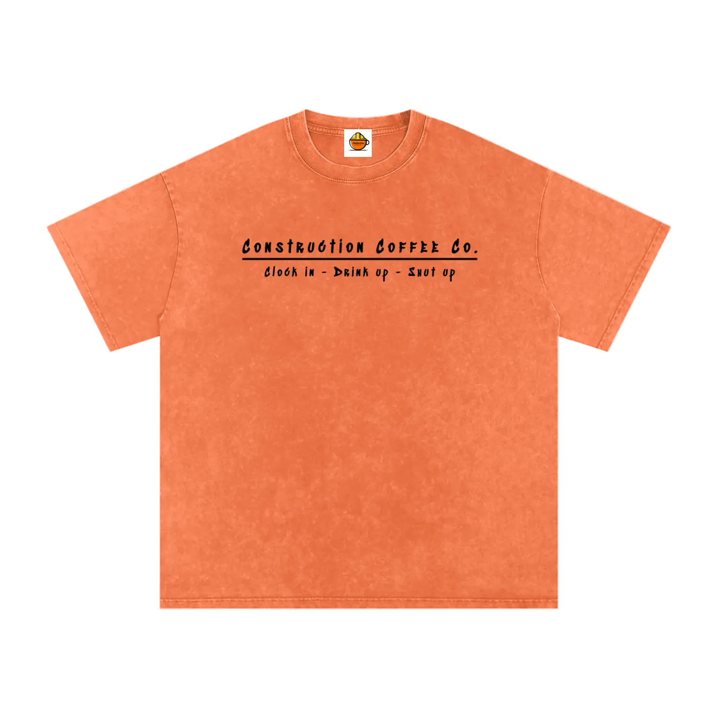 Orange t-shirt with black text on a white background