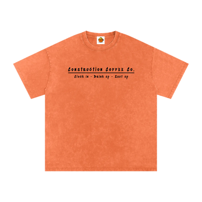 Orange t-shirt with black text on a white background