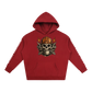 Red hoodie with skull and helmet graphic on a white background