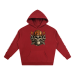 Red hoodie with skull and helmet graphic on a white background