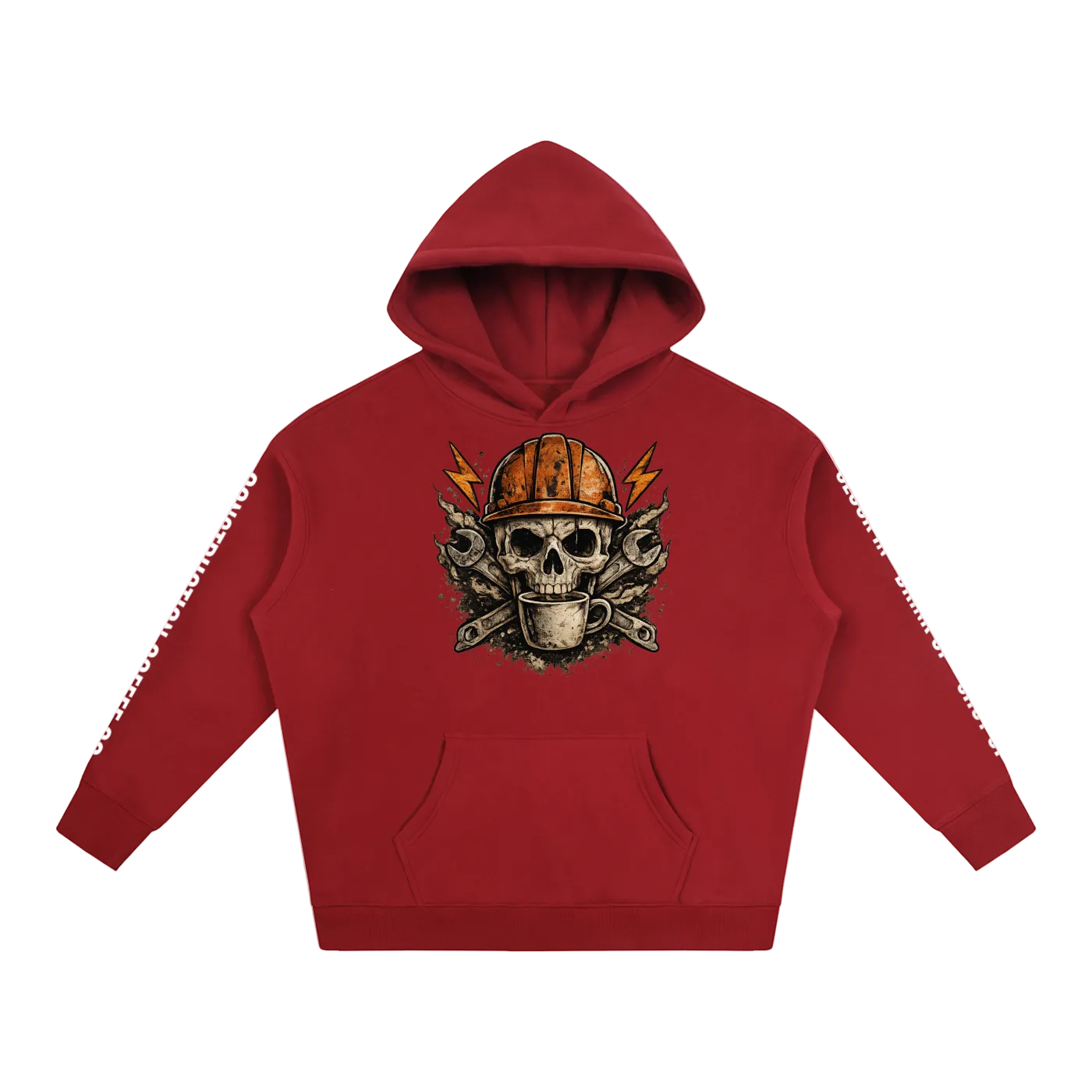 Red hoodie with skull and helmet graphic on a white background
