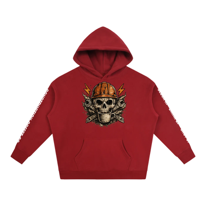 Red hoodie with skull and helmet graphic on a white background