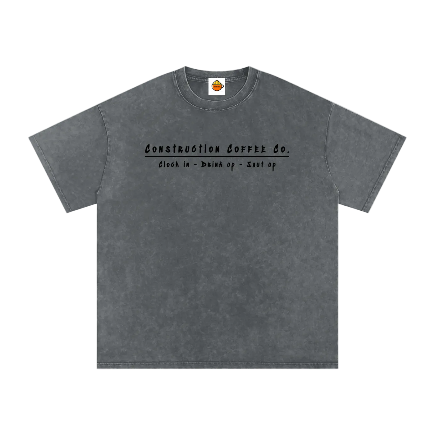 Gray t-shirt with text on a white background