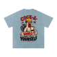 Light blue t-shirt with a cartoon rooster wearing a hard hat and holding a coffee cup, with text 'Cock-A-Doodle-It Yourself' on a white background.